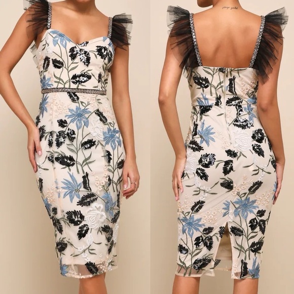 NWT Show Stopper Cream Embroidered Sequin Bodycon Midi Dress - Picture 1 of 3